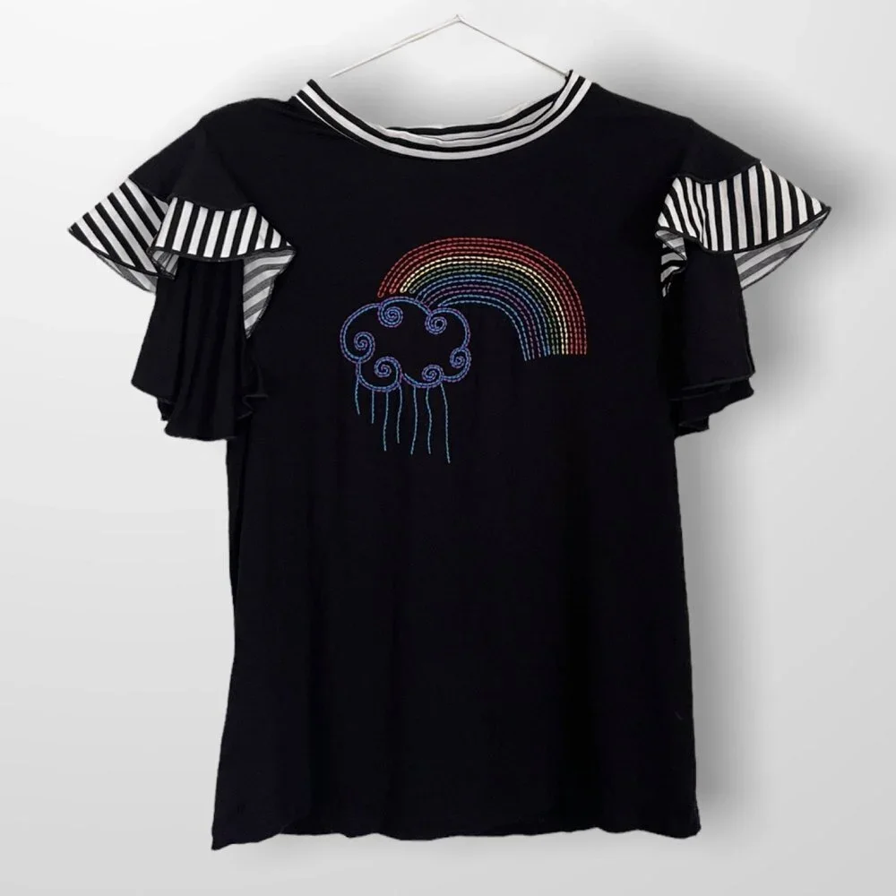 Embroidered Rainbow Shirt With Ruffle Sleeves Size Small - Picture 2 of 8